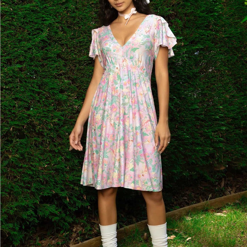 Blackmilk Goble Fairies Tulip Sleeve Longline Dress Pastel Floral Midi